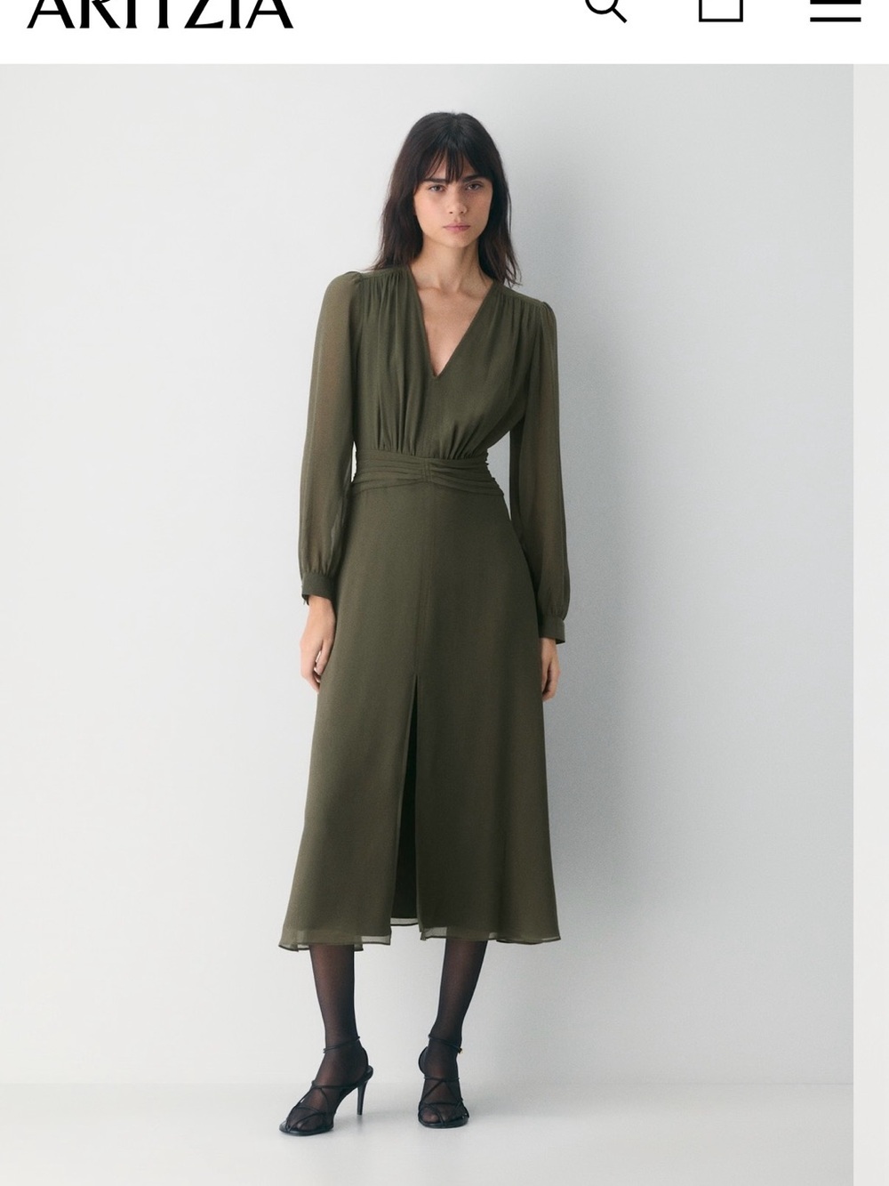 Aritzia Olive V-Neck Long Sleeve Midi Dress with Front Slit